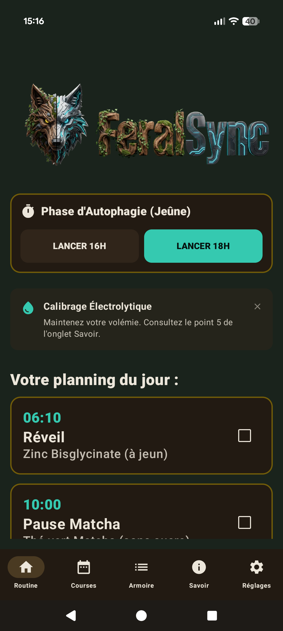 Écran Routine de l'application FeralSync